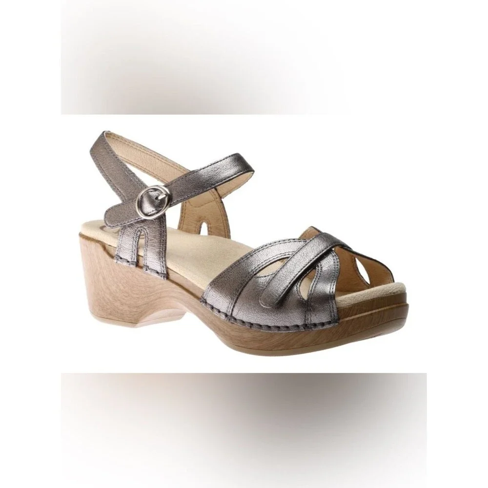 Dansko Season Gray Leather Ankle Strap Platform Sandals Womens Shoe Size 8.5 - 9